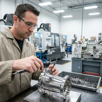 Engineer reviewing precision machined metal components at a manufacturing facility