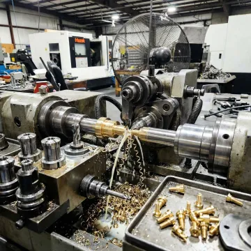 Precision screw machine parts being produced on an automatic screw machine in a manufacturing facility