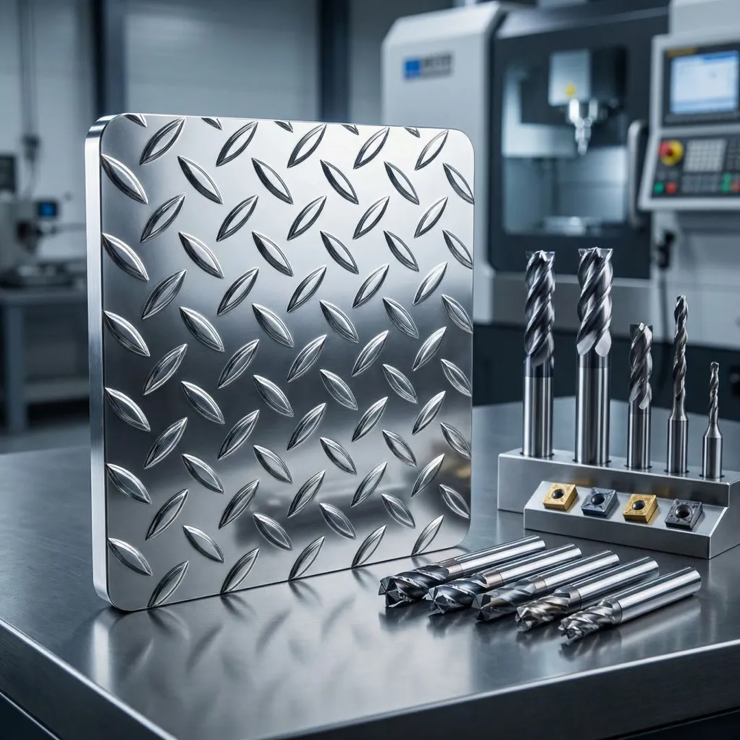 Close-up of a precisely machined metal component next to CNC tooling in a machine shop