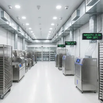 Food processing dry room with humidity control equipment