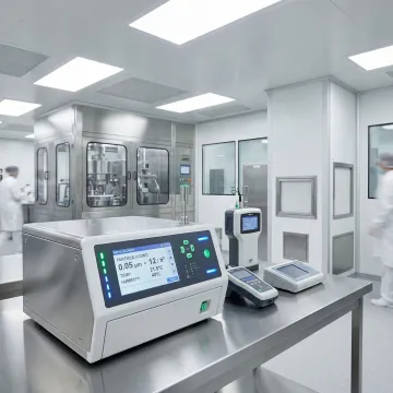 Validation equipment measuring particle counts in pharmaceutical cleanroom environment