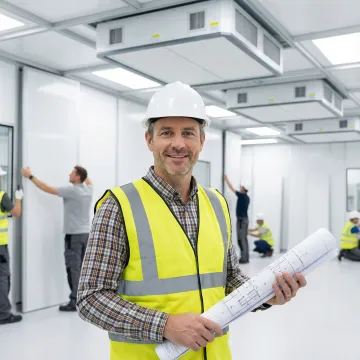 Professional project manager reviewing cleanroom construction blueprints and coordinating with engineering team