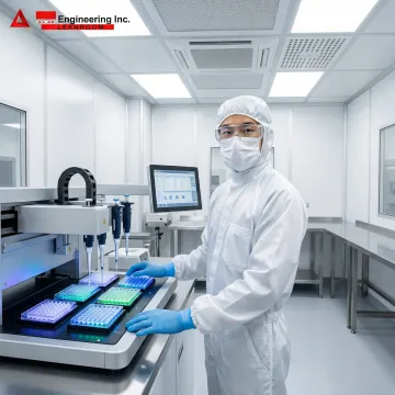 Pharmaceutical researcher working in cleanroom with automated screening equipment
