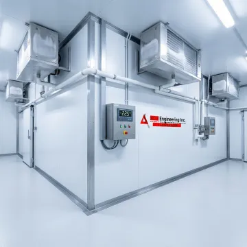 Modern modular cold room installation with stainless steel panels and temperature control systems