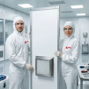 Professional cleanroom installation contractors assembling modular walls and HEPA filtration systems