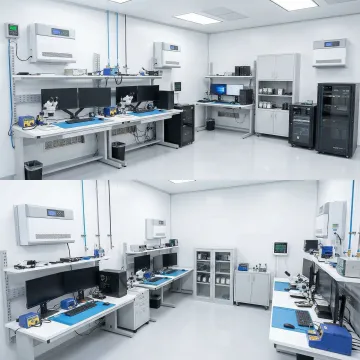 Technicians working in contamination-controlled cleanroom environment for data recovery