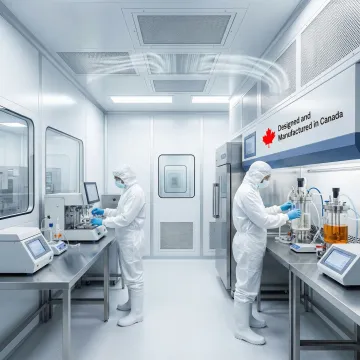 Biotech technicians working in a modular cleanroom with advanced filtration systems