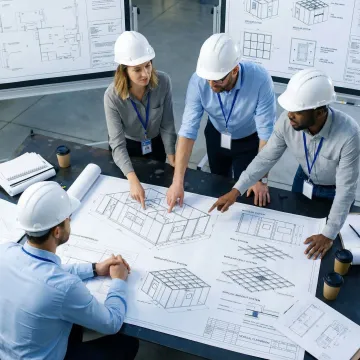 Engineers reviewing cleanroom blueprints and technical specifications