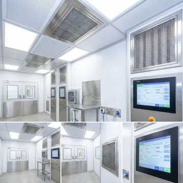 Pharmaceutical cleanroom equipment installation showing modular walls and HEPA filtration systems