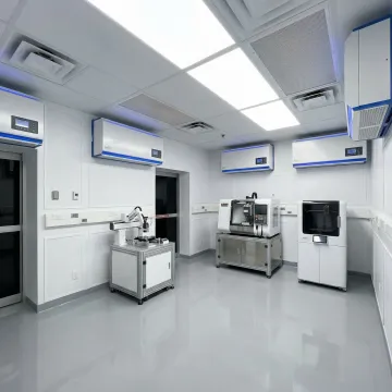 Modern cleanroom fabrication facility with modular construction components and advanced air filtration systems