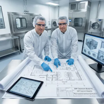 Engineers designing GMP cleanroom layout with technical specifications