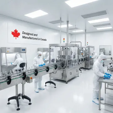 Beverage production cleanroom with workers in protective suits