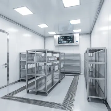 Modern modular cold room installation with stainless steel panels and temperature monitoring system