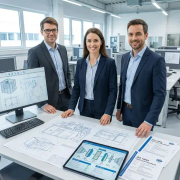 Engineers reviewing cleanroom ISO certification documentation