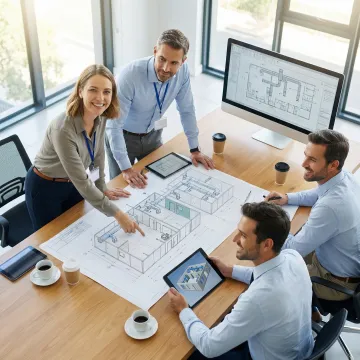 Engineering team reviewing cleanroom blueprints and 3D models on large monitors