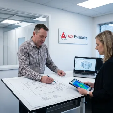 Engineering team reviewing cold storage facility blueprints and specifications