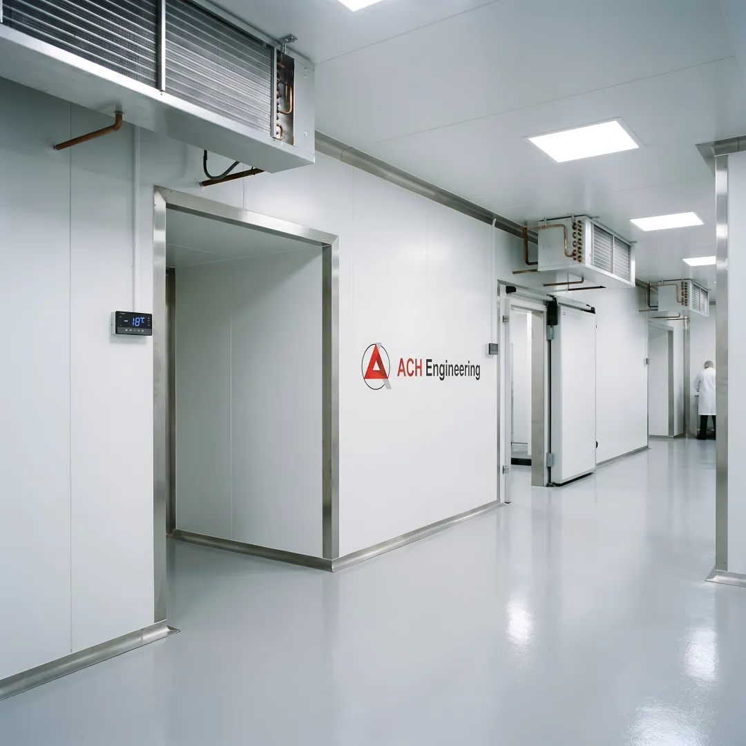 Modern modular cold room installation with stainless steel panels and temperature control systems