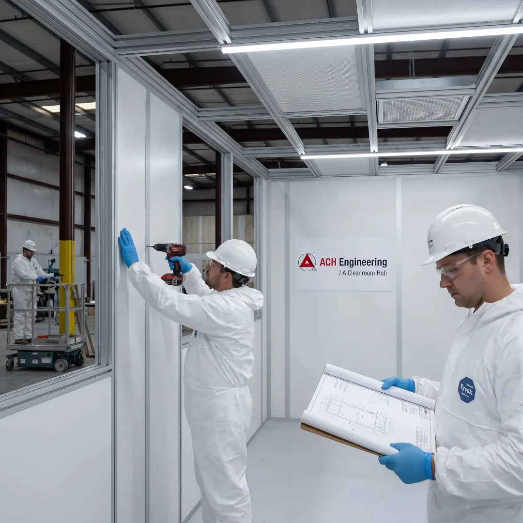 Cleanroom installation process showing modular construction and system integration