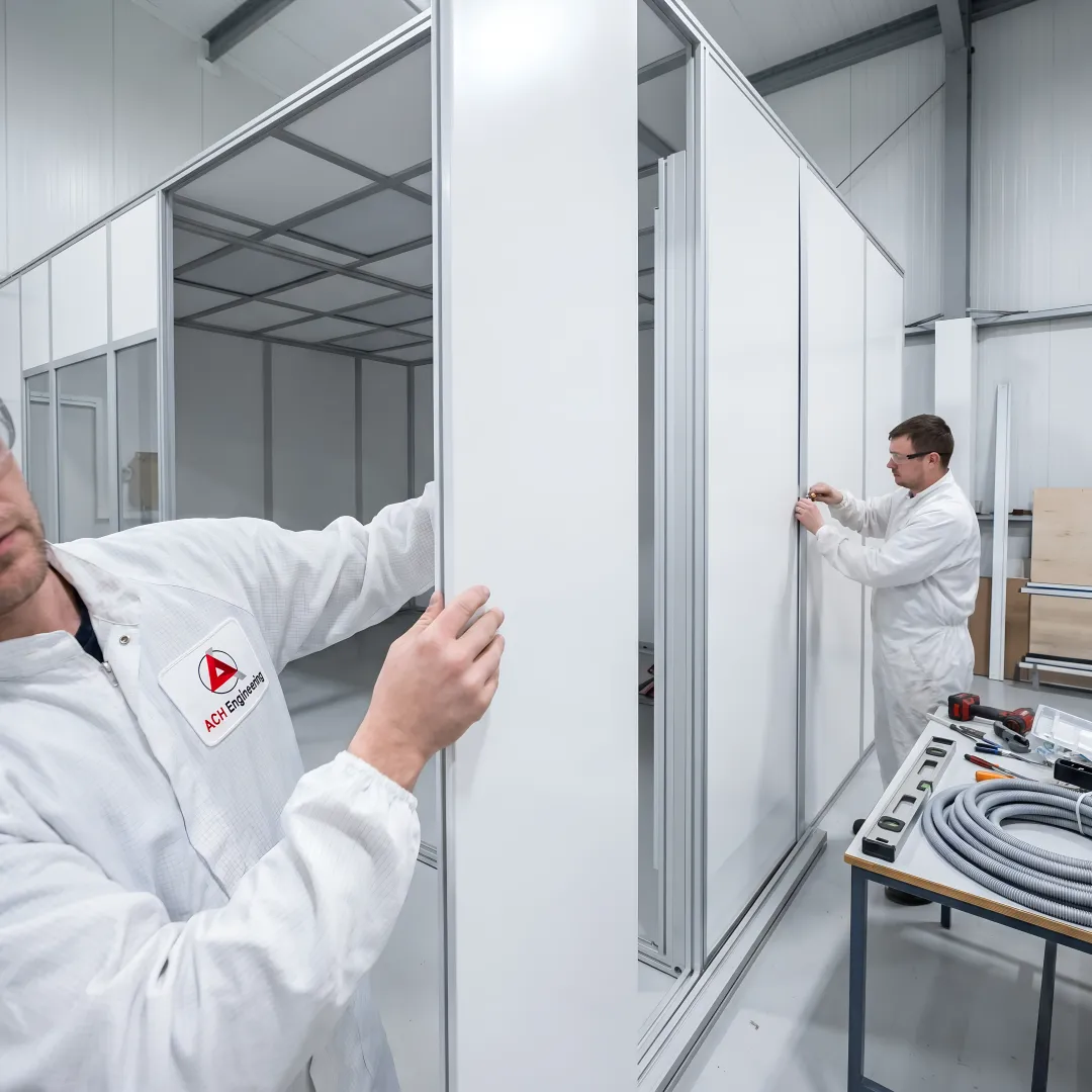 Construction team installing modular cold room panels with refrigeration equipment
