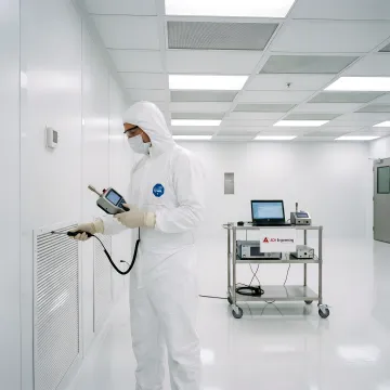 Cleanroom service technician conducting air quality testing and particle count analysis