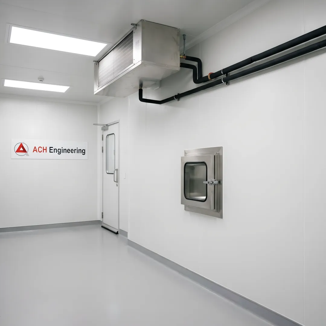 Modern modular cold room installation with stainless steel panels and temperature monitoring system