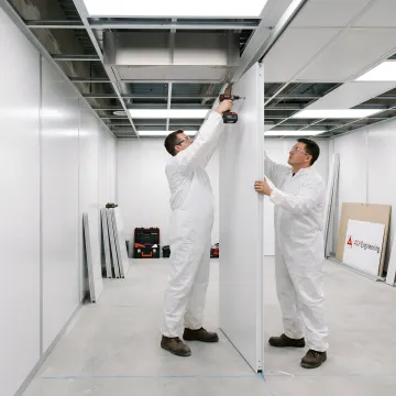 Modular cleanroom components being assembled in controlled environment
