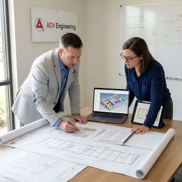 Engineering team reviewing cleanroom blueprints and 3D models on large monitors