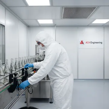Beverage production cleanroom with workers in protective suits