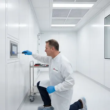 Data center technician monitoring temperature control systems