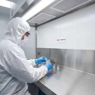 Pharmacy technician working in USP 797 compliant sterile compounding cleanroom