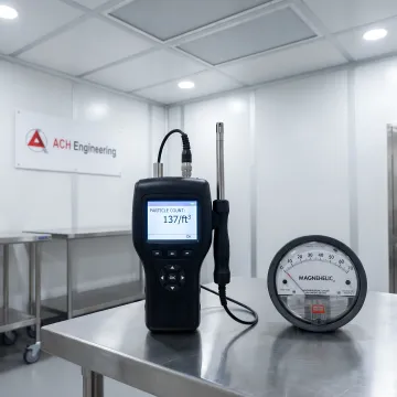 Validation equipment measuring particle counts in pharmaceutical cleanroom environment
