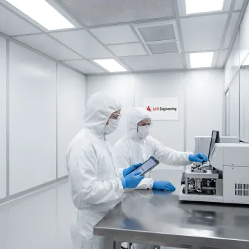 Biotech technicians working in a modular cleanroom with advanced filtration systems