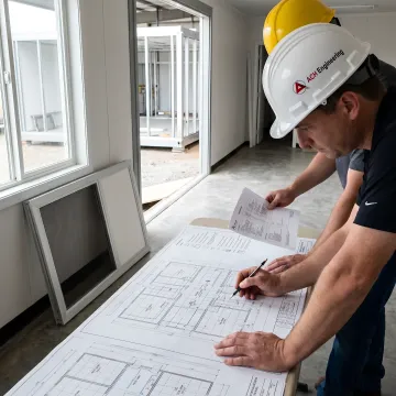 Engineers reviewing cleanroom blueprints and technical specifications