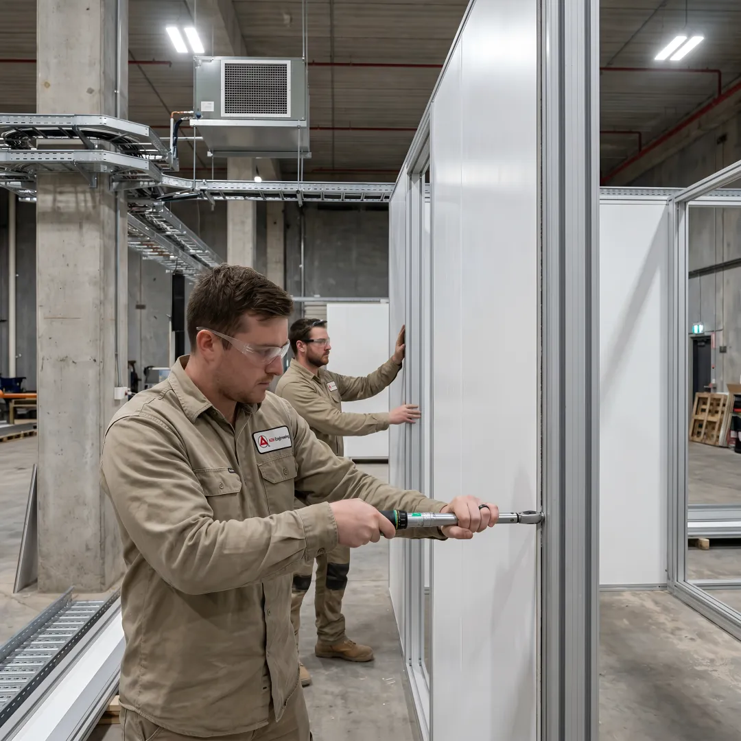 Cold storage installation process with modular panels being assembled