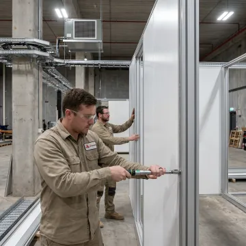 Cold storage installation process with modular panels being assembled