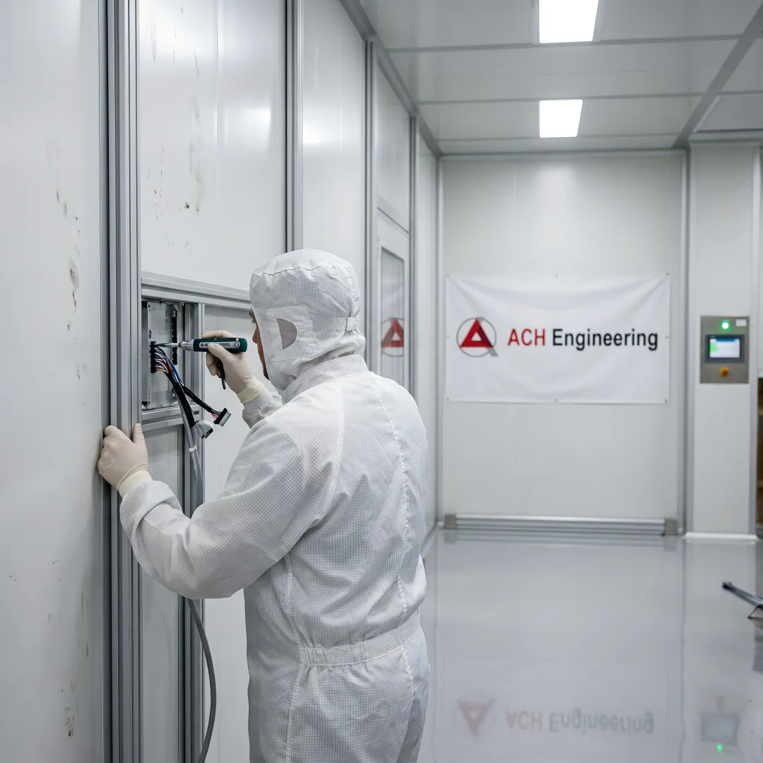 Technician installing modular cold room panels with temperature monitoring equipment