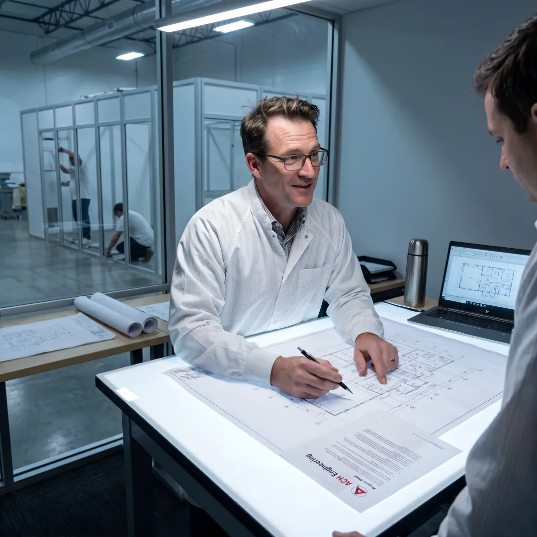 Cleanroom engineering process showing design, construction, and commissioning phases