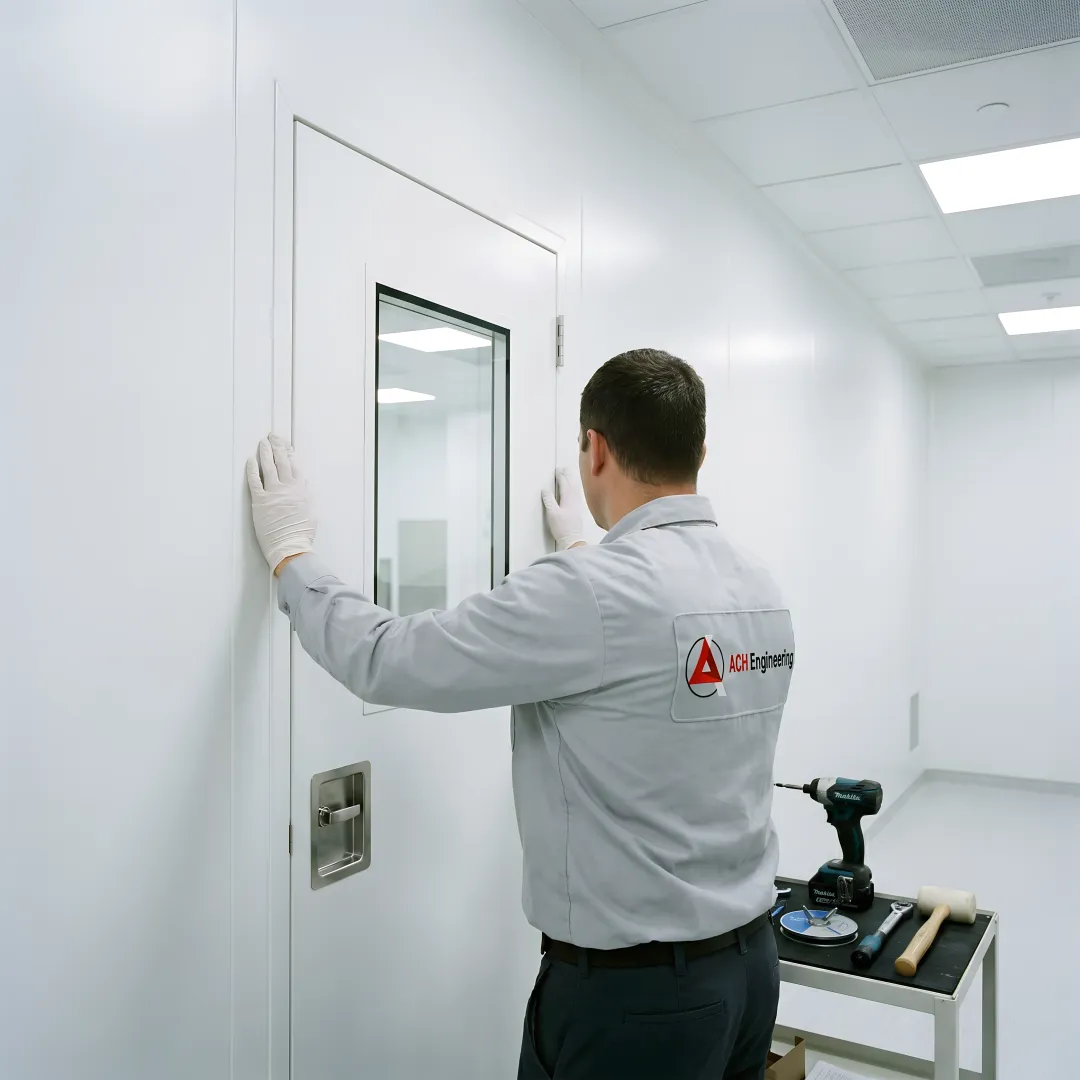 Professional cleanroom door installation in pharmaceutical facility