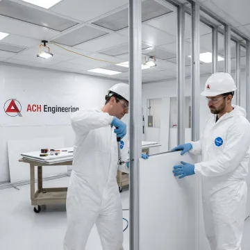 Professional cleanroom installation contractors assembling modular walls and HEPA filtration systems
