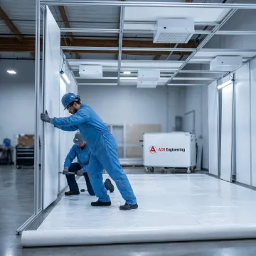 Technicians installing modular cleanroom components