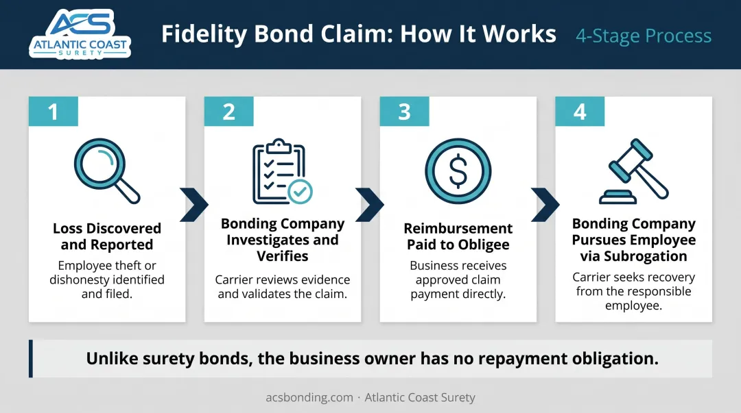 Four-step fidelity bond claims process from loss discovery to subrogation recovery
