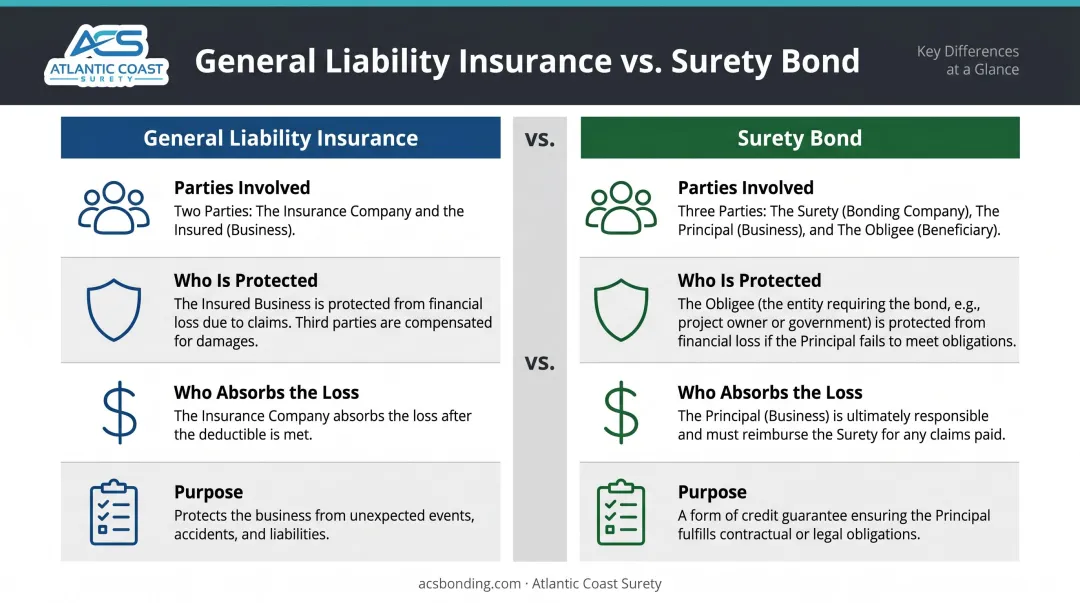 Surety bond versus general liability insurance side-by-side comparison infographic