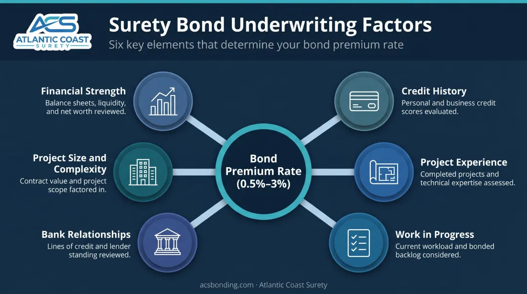 Six surety bond underwriting factors affecting contractor premium rate infographic