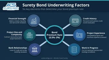 Six surety bond underwriting factors affecting contractor premium rate infographic