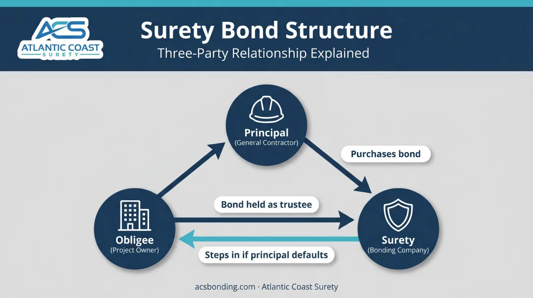 Three-party surety bond structure diagram showing principal obligee and surety roles