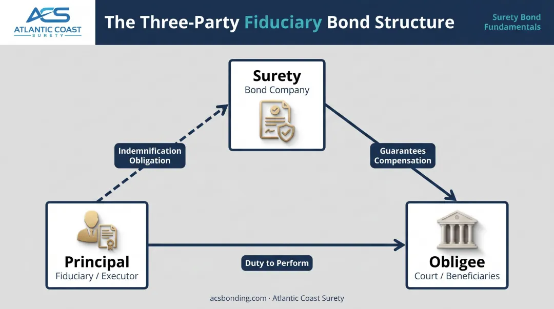 Three-party fiduciary bond structure showing principal obligee and surety roles