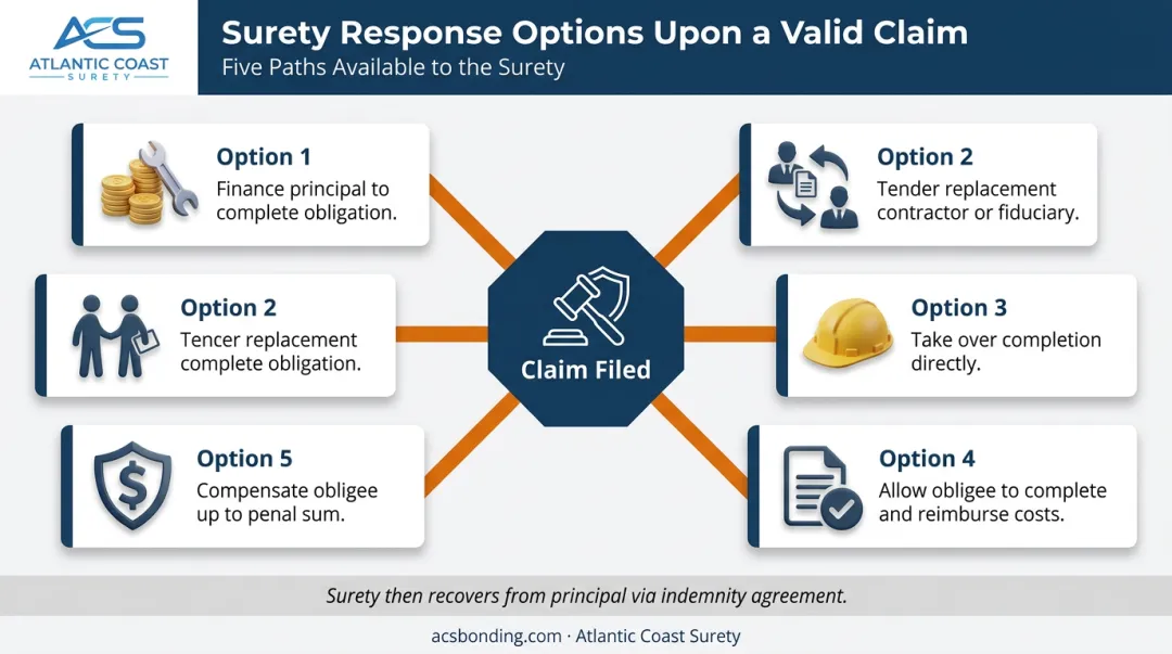 Five surety response options when a principal defaults on a bond claim