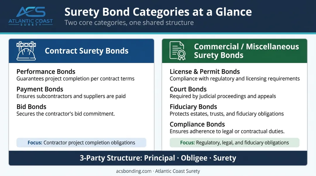 Two surety bond categories contract and commercial types side-by-side infographic