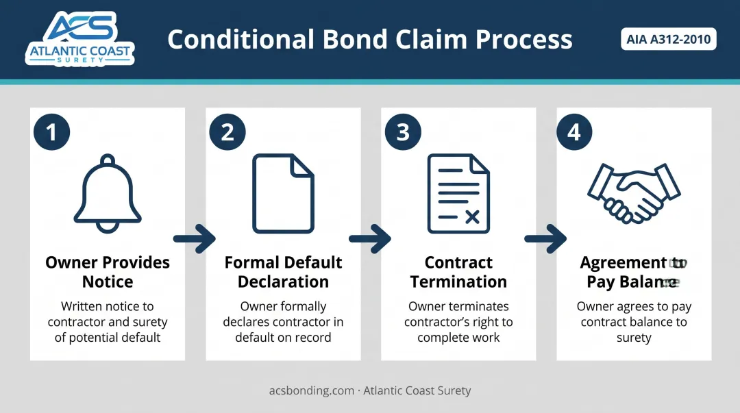 4-step AIA A312 conditional performance bond claim trigger process flow