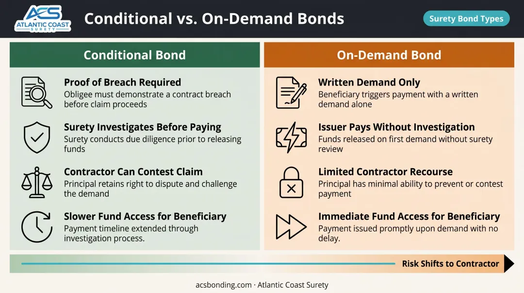 Conditional versus on-demand performance bond risk allocation side-by-side comparison